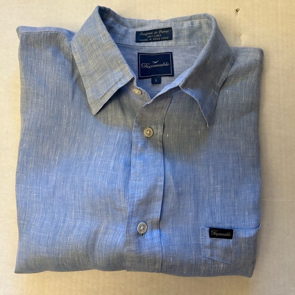 Faconnable light Blue 100% linen Casual Button Down mens Shirt Sz-L. E18 - Picture 6 of 10